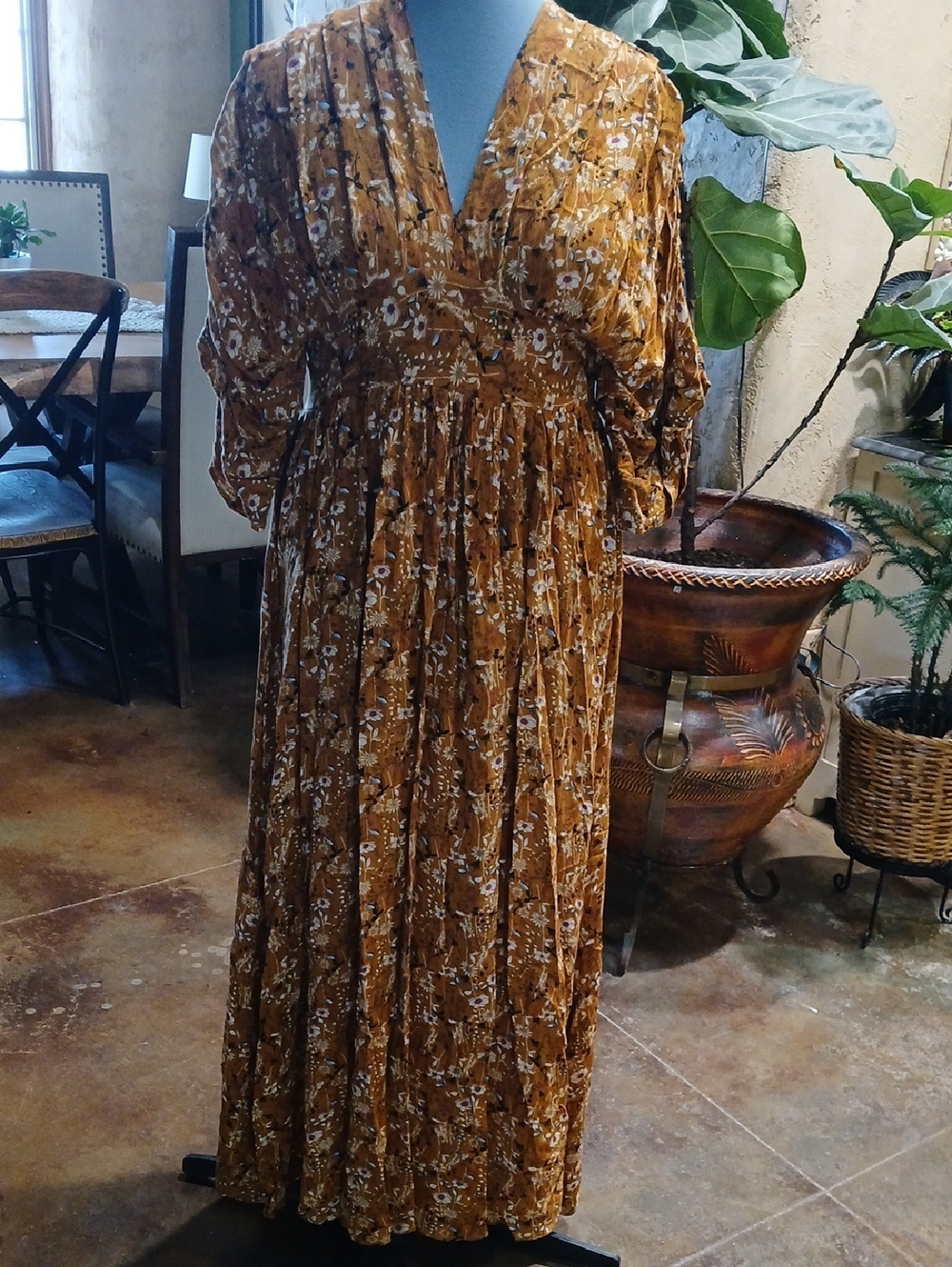 Women's Floral Maxi Dress in Mustard Brown